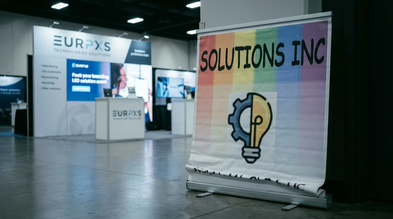 Cheap pull-up banner with an obviously amateur clipart logo on rainbow gradient, beside a professionally-branded competitor booth