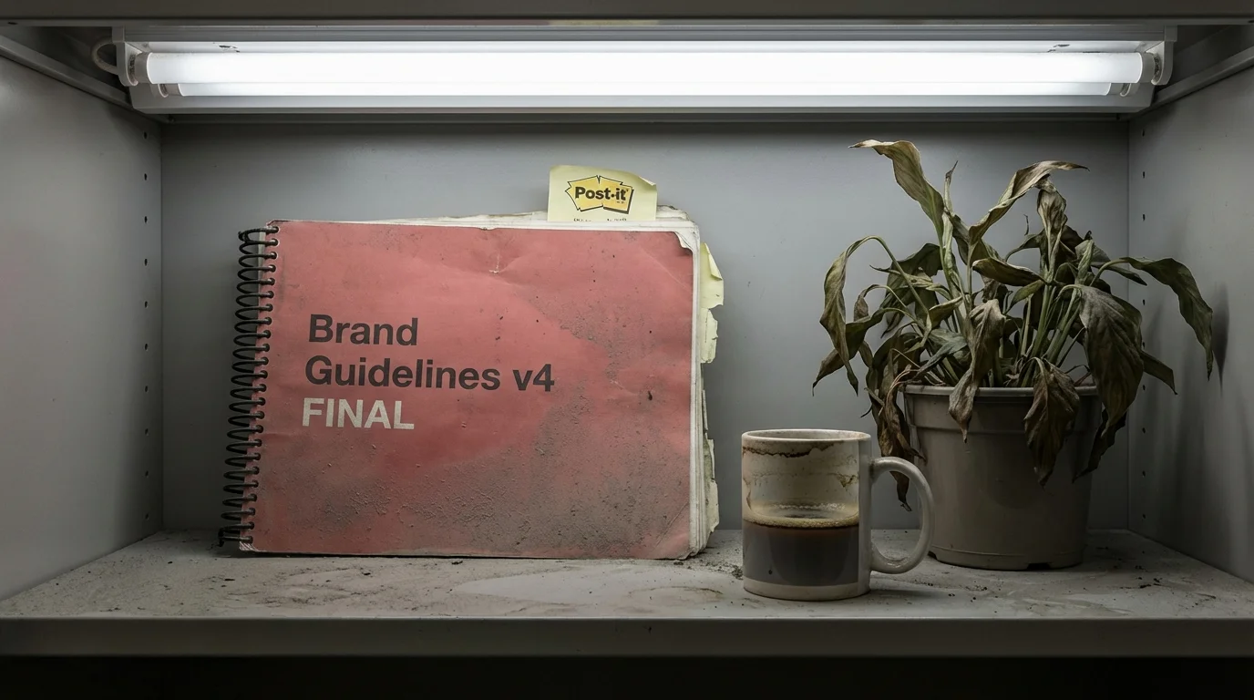 A dusty 'Brand Guidelines v4 FINAL' spiral-bound manual on an office shelf beside a stale coffee mug and a wilting plant