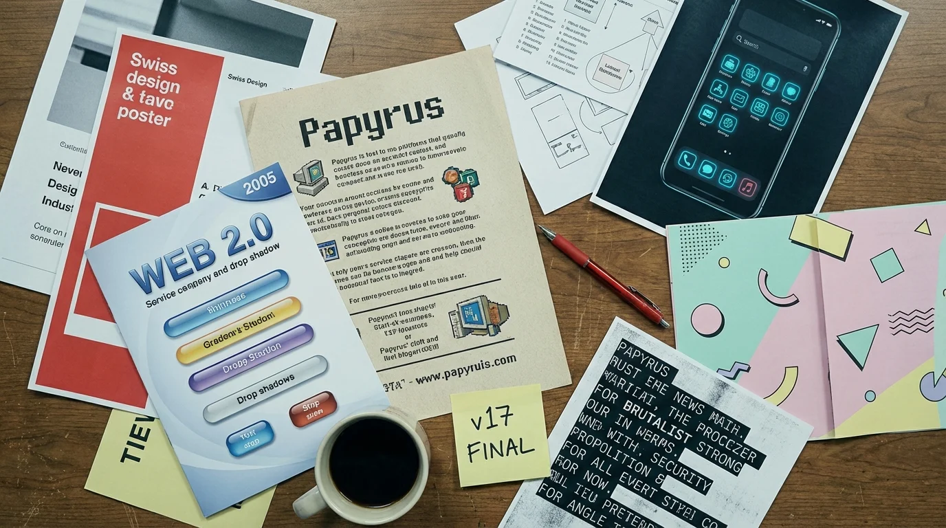 Overhead flat-lay of a desk strewn with six printed ads in dramatically different eras — Papyrus 90s brochure, Web 2.0 glossy, Swiss red-and-white minimalism, Memphis pastel zine, dark-mode neon, brutalist monospace — with a 'v17 FINAL' post-it