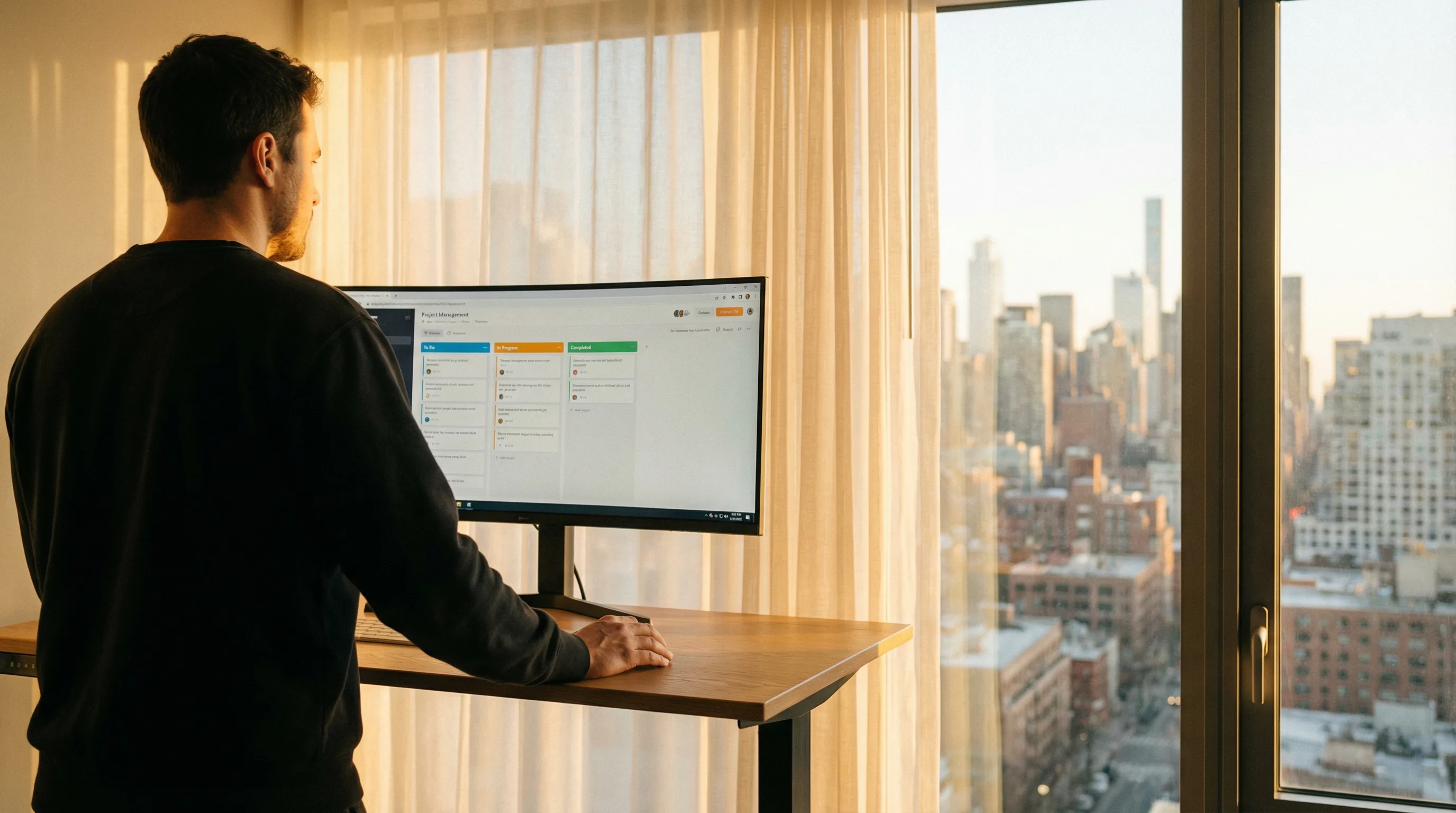 Workspace with warm natural light, organized desk facing a window