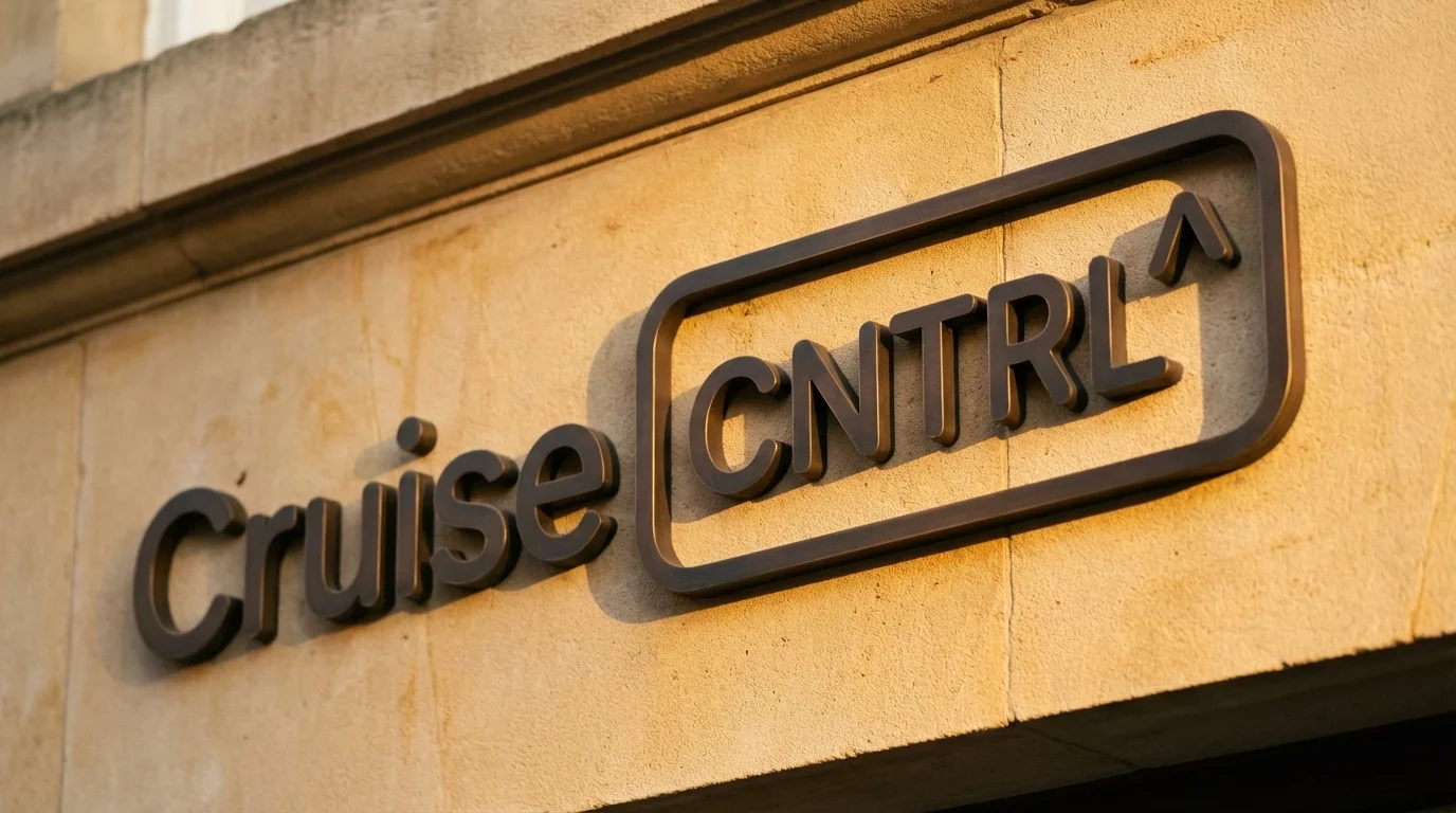 Dimensional bronze CruiseCNTRL wordmark mounted on a honey-limestone building façade