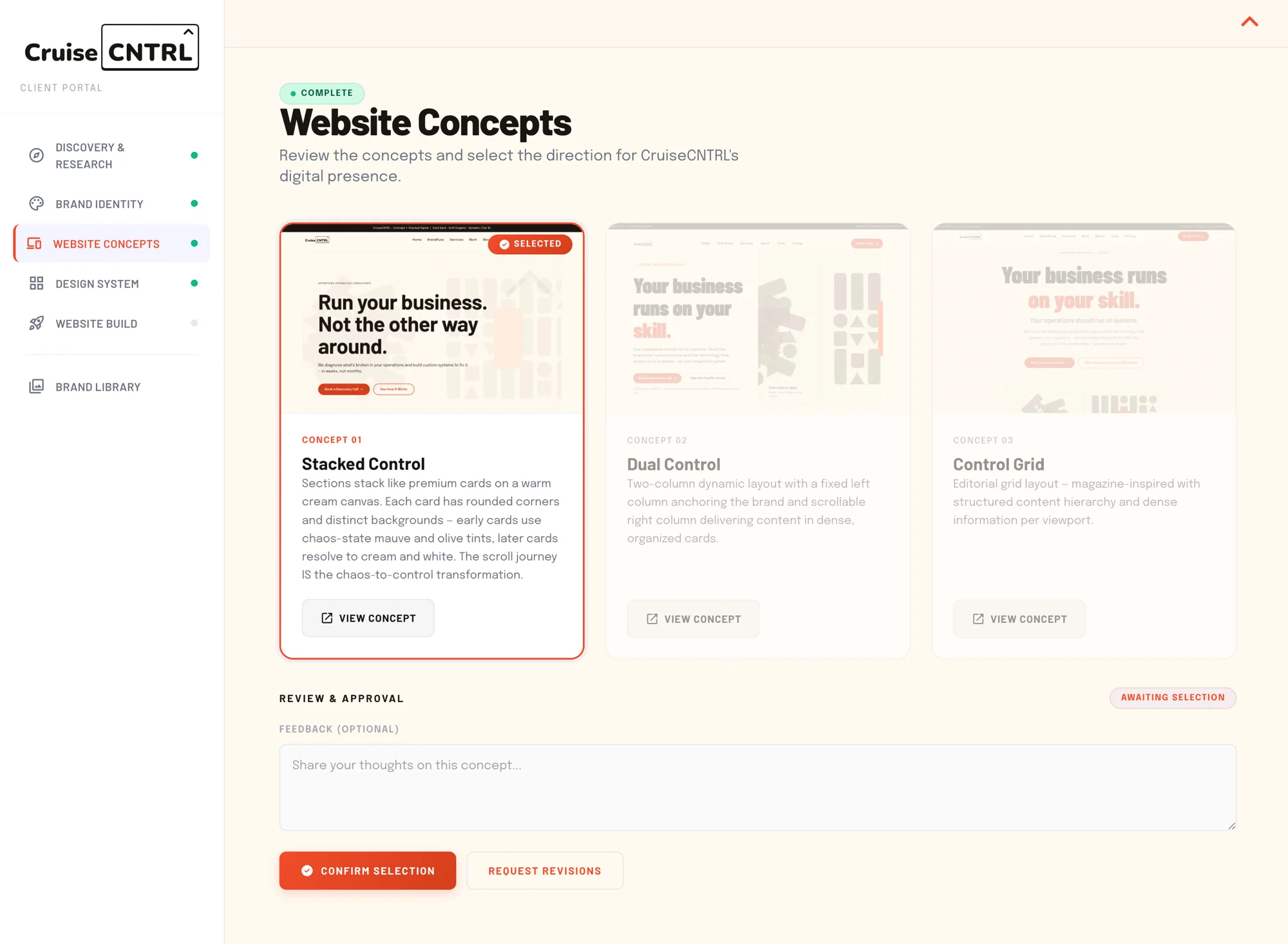 The CruiseCNTRL client portal showing the Website Concepts review and approval view